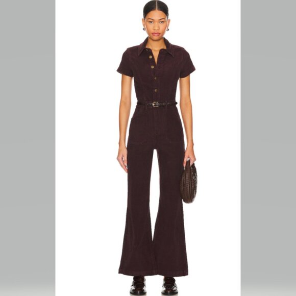 Rollas Eastcoast Flare Leg Corduroy Jumpsuit Short Sleeve in Fig